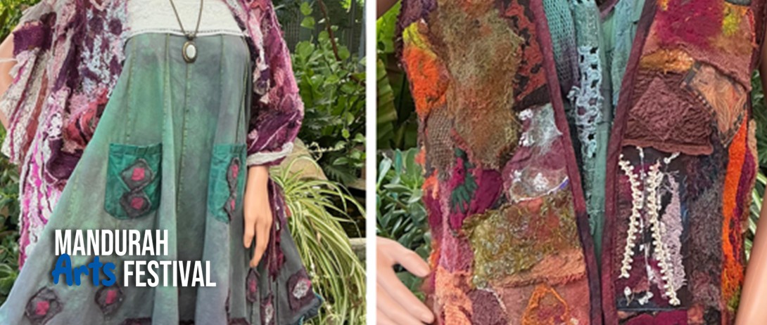 two images side by side, of colourful homemade clothing covered in patches and embellishments, worn by woman whose faces can't be seen